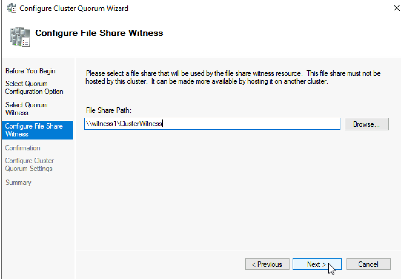 Cluster file. Windows Cluster Quorum Disk. File share.